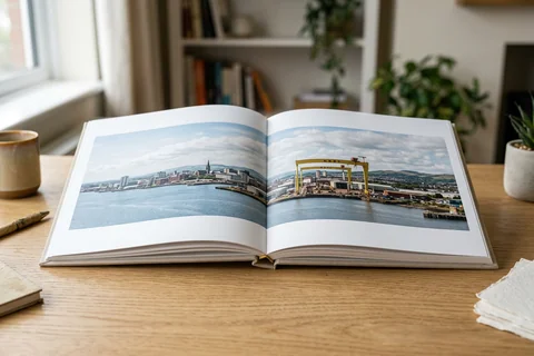 photo book belfast – an open layflat photo book showing a panorama of Belfast Lough across the double-page spread