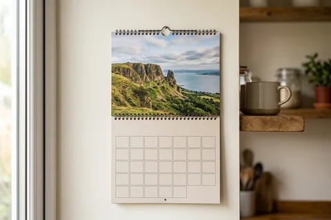 photo calendar belfast – a spiral-bound wall calendar open on a month showing Cave Hill, hanging in a kitchen