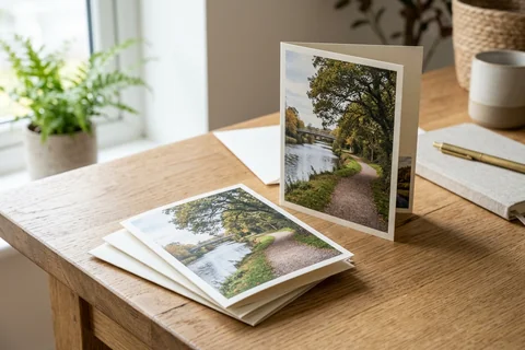 photo cards belfast – a stack of folded greetings cards with a photograph of the Lagan towpath on the front, one propped open