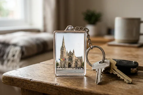 photo keyring belfast – a rectangular photo keyring showing St Anne's Cathedral beside a set of keys