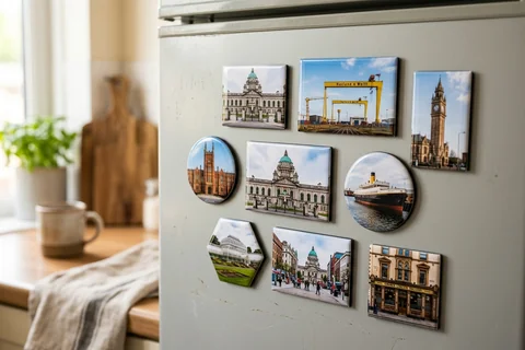 mixmags photo magnets belfast – several photo magnets of Belfast landmarks in different shapes on a fridge door