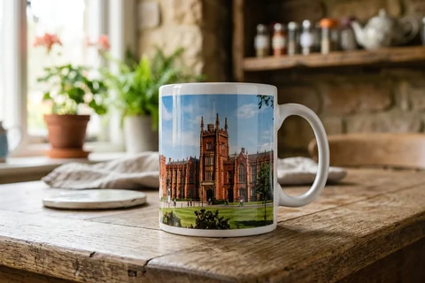 photo mug belfast – a ceramic mug with a wrap-around print of Queen's University Lanyon Building on a kitchen table