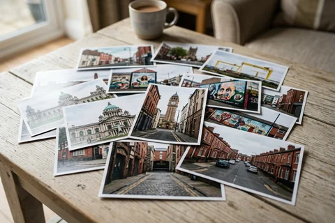 photo prints belfast – a loose fan of 10×15 cm photo prints of Belfast street scenes on a pale wooden table