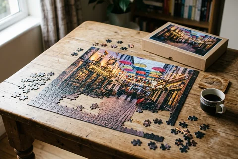 photo puzzle belfast – a partly completed jigsaw puzzle of Commercial Court fairy lights on a wooden table