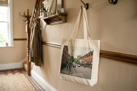 photo tote bag belfast – a cloth tote bag printed with a photograph of Ormeau Road hanging on a hallway hook