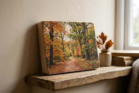 photo print on wood belfast – a wood print of Belvoir forest in autumn with the grain visible through the image, leaning on a shelf