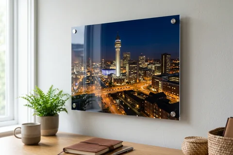 acrylic photo print birmingham – a glossy acrylic print of the city skyline at night mounted off a pale wall