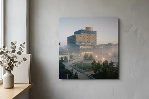 aluminium photo print birmingham – a matte aluminium panel print of the Library of Birmingham in morning mist mounted flush on a grey wall