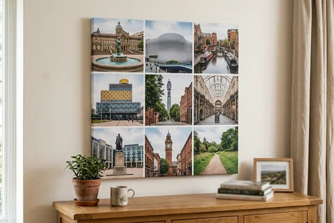 canvas collage print birmingham – a collage canvas of nine small Birmingham scenes in a nine-photo grid hung above a sideboard