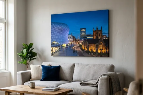 canvas print birmingham – a gallery-wrapped canvas print of the Bullring and St Martin's at dusk hung above a sofa