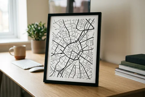 birmingham city map poster – a framed minimalist black-and-white street map poster of the city centre on a desk
