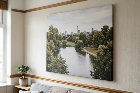large canvas print birmingham – a very large canvas of Cannon Hill Park looking towards the city dominating a living room wall