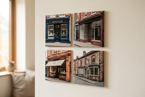 mixpix photo tiles birmingham – four 20×20 cm photo tiles of Jewellery Quarter shopfronts arranged in a cluster on a white wall with no visible fixings