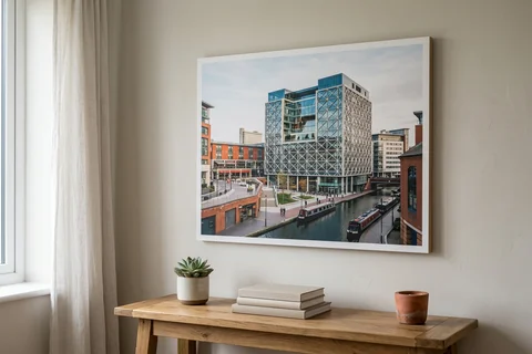 photo board print birmingham – a frameless matte photo board of the Cube at Mailbox hanging flush on a pale wall