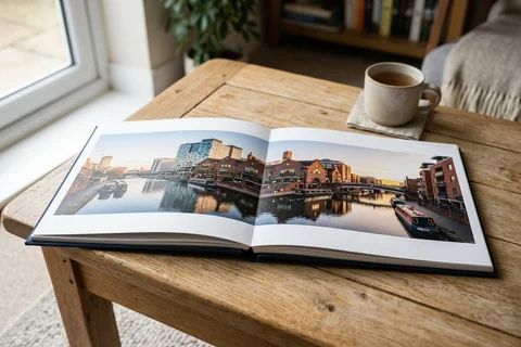 photo book birmingham – an open layflat photo book showing a panorama of the Brindleyplace skyline across the double-page spread