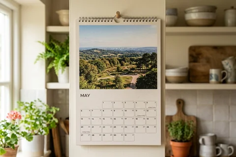 photo calendar birmingham – a spiral-bound wall calendar open on a month showing Lickey Hills, hanging in a kitchen