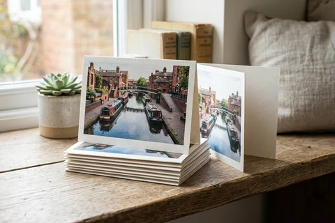 photo cards birmingham – a stack of folded greetings cards with a photograph of the Worcester and Birmingham Canal on the front, one propped open