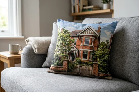 photo cushion birmingham – a plush square cushion printed borderless with a Moseley Victorian villa on a grey sofa