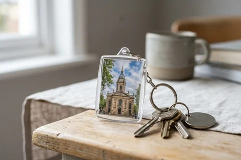 photo keyring birmingham – a rectangular photo keyring showing St Philip's Cathedral beside a set of keys