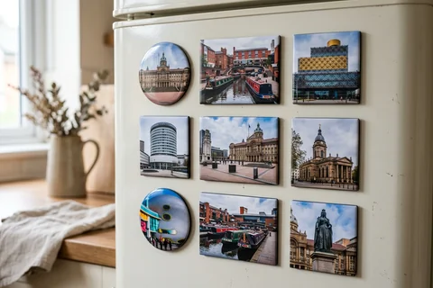 mixmags photo magnets birmingham – several photo magnets of Birmingham landmarks in different shapes on a fridge door