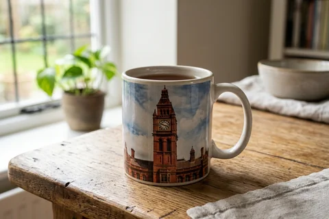 photo mug birmingham – a ceramic mug with a wrap-around print of the Council House clock on a kitchen table