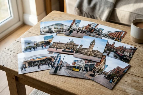 photo prints birmingham – a loose fan of 10×15 cm photo prints of Birmingham street scenes on a pale wooden table