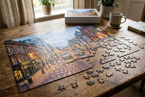 photo puzzle birmingham – a partly completed jigsaw puzzle of Broad Street lights on a wooden table