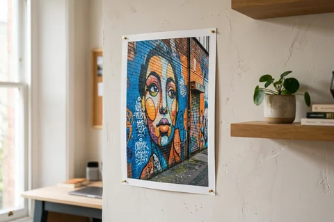 poster print birmingham – an unframed poster print of a Digbeth street-art wall pinned to a pale wall