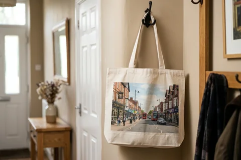 photo tote bag birmingham – a cloth tote bag printed with a photograph of Kings Heath high street hanging on a hallway hook