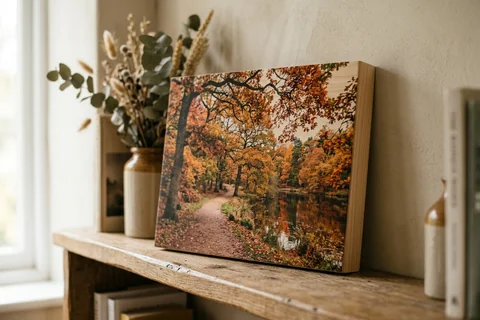 photo print on wood birmingham – a wood print of Sutton Park in autumn with the grain visible through the image, leaning on a shelf
