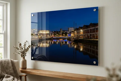 acrylic photo print bristol – a glossy acrylic print of the harbour skyline at night mounted off a pale wall