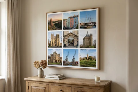 canvas collage print bristol – a collage canvas of nine small Bristol scenes in a nine-photo grid hung above a sideboard