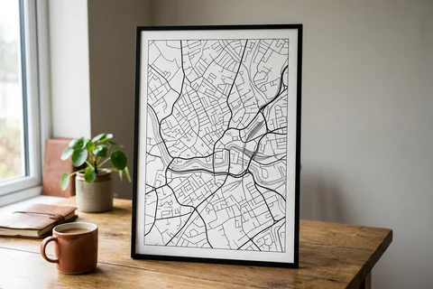 bristol city map poster – a framed minimalist black-and-white street map poster of the city centre on a desk