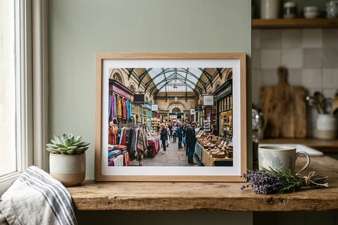 framed photo board bristol – a slim-framed photo board of St Nicholas Market standing on a kitchen shelf