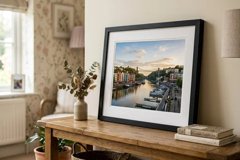 framed photo print bristol – a framed print of the Harbourside with a white mount and black frame standing on a console table