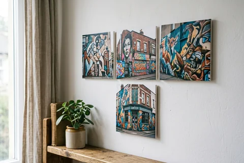 mixpix photo tiles bristol – four 20×20 cm photo tiles of Stokes Croft street art arranged in a cluster on a white wall with no visible fixings