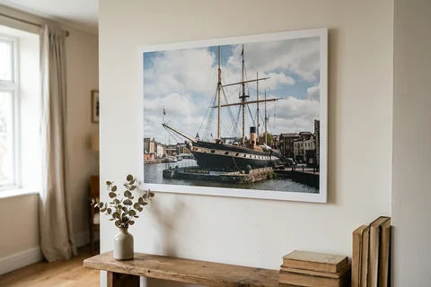 photo board print bristol – a frameless matte photo board of the SS Great Britain hanging flush on a pale wall