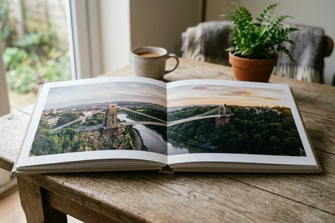 photo book bristol – an open layflat photo book showing a panorama of the Avon Gorge across the double-page spread