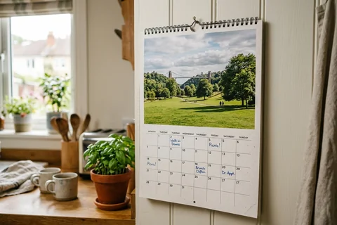 photo calendar bristol – a spiral-bound wall calendar open on a month showing the Downs, hanging in a kitchen
