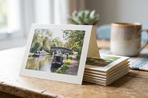 photo cards bristol – a stack of folded greetings cards with a photograph of the Kennet and Avon Canal at Bath Road on the front, one propped open