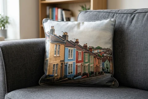 photo cushion bristol – a plush square cushion printed borderless with a Totterdown coloured terrace on a grey sofa
