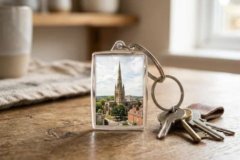 photo keyring bristol – a rectangular photo keyring showing St Mary Redcliffe beside a set of keys