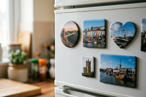 mixmags photo magnets bristol – several photo magnets of Bristol landmarks in different shapes on a fridge door