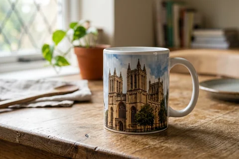 photo mug bristol – a ceramic mug with a wrap-around print of Bristol Cathedral's towers on a kitchen table