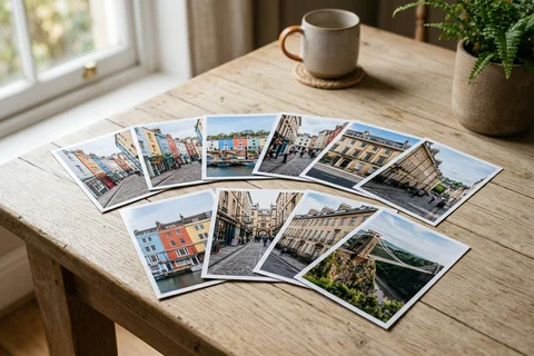 photo prints bristol – a loose fan of 10×15 cm photo prints of Bristol street scenes on a pale wooden table