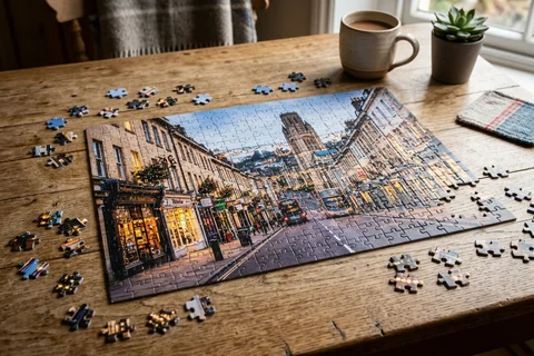 photo puzzle bristol – a partly completed jigsaw puzzle of Park Street at Christmas on a wooden table