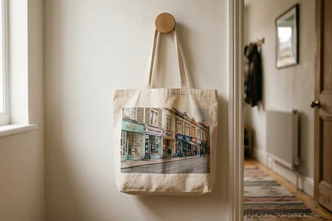 photo tote bag bristol – a cloth tote bag printed with a photograph of Gloucester Road shopfronts hanging on a hallway hook