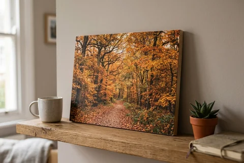 photo print on wood bristol – a wood print of Leigh Woods in autumn with the grain visible through the image, leaning on a shelf
