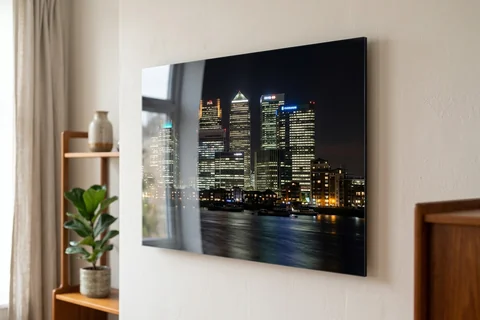 acrylic photo print canary wharf – a glossy acrylic print of the Canary Wharf skyline at night mounted off a pale wall