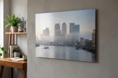 aluminium photo print canary wharf – a matte aluminium panel print of the towers in morning mist over the Thames mounted flush on a grey wall